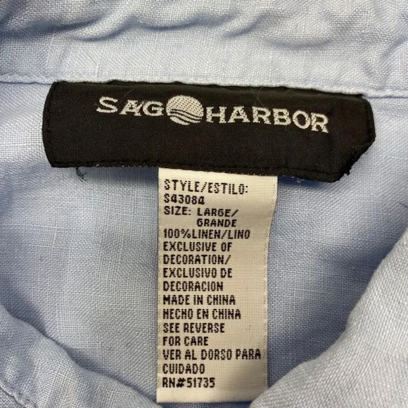 Sag Harbor Womens Blue 100% Linen Floral Embroidered Roll Tab Shirt Large VTG - Picture 9 of 11